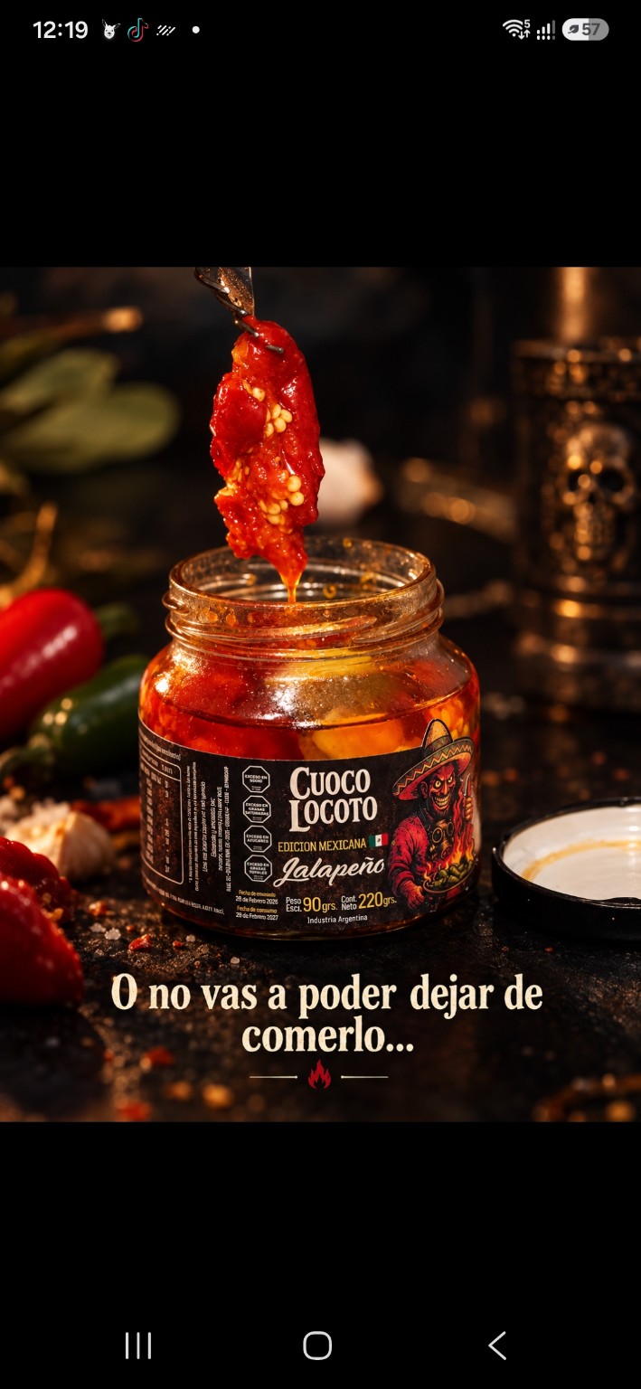 Frasco abierto de la Edición Mexicana, con un ají sostenido por un tenedor.
